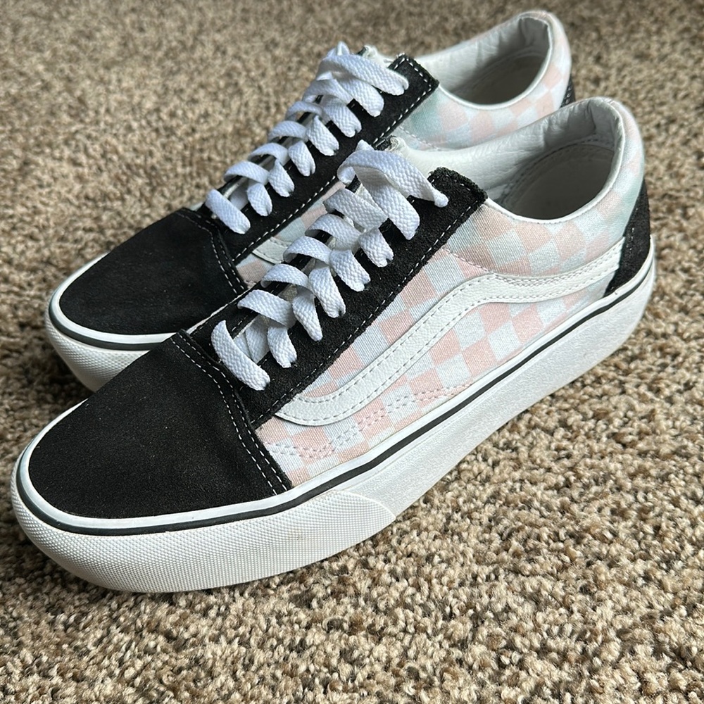 Platform pink and white checker board Vans.